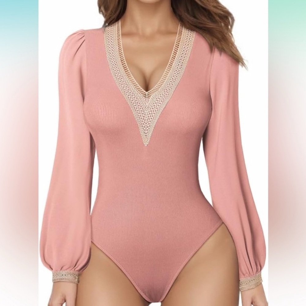 Lace v‎ neck ribbed bodysuit